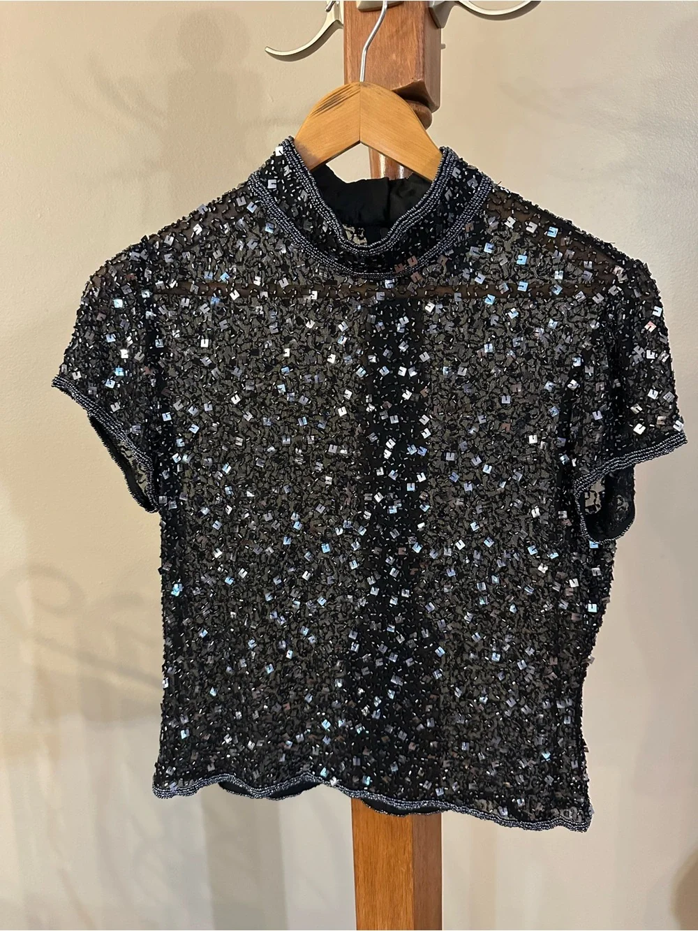 Adrianna Papell Black Sequin Mock Neck Top